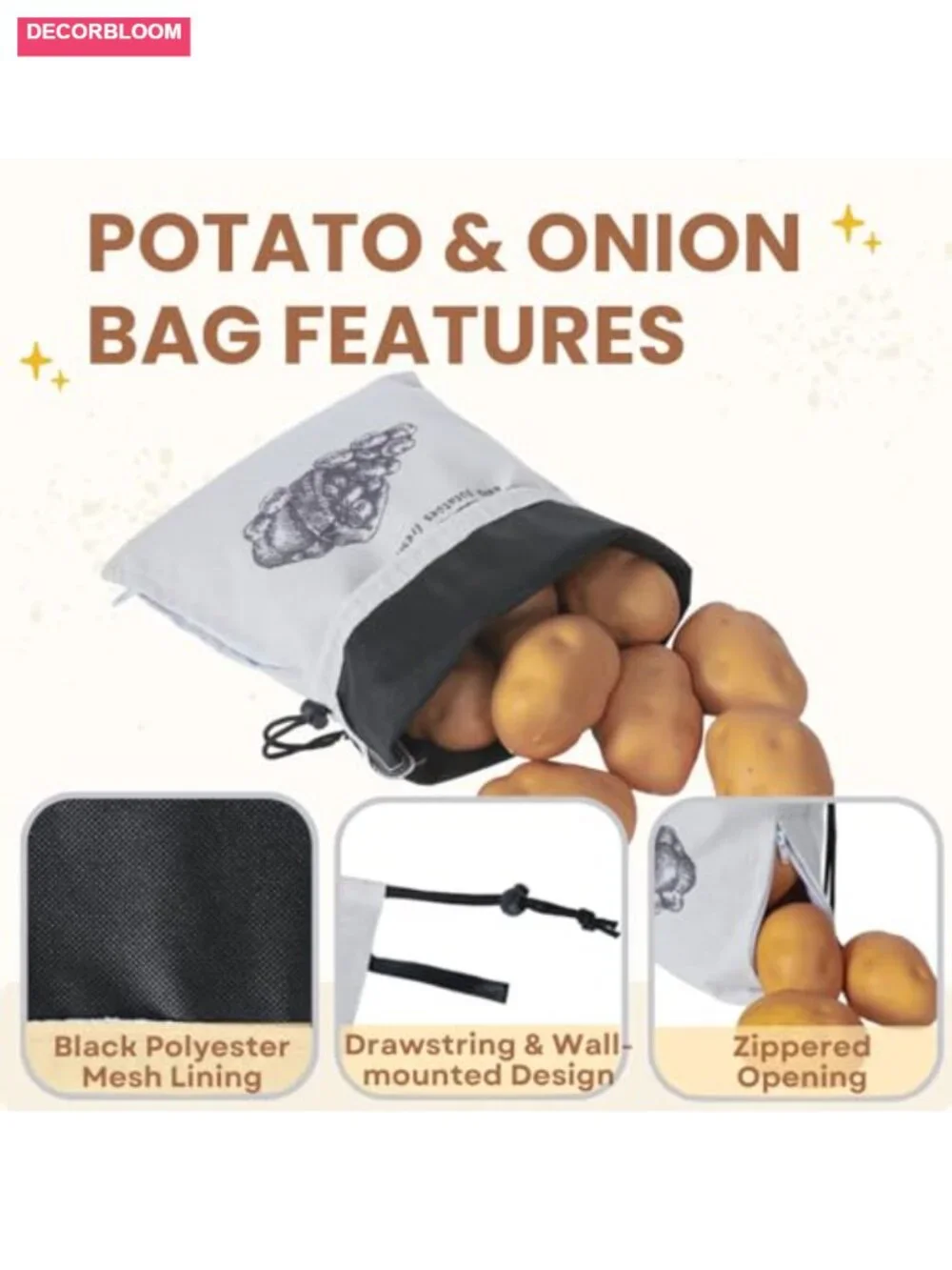 3 Pack Reusable Cotton Produce Storage Bags with Drawstring
